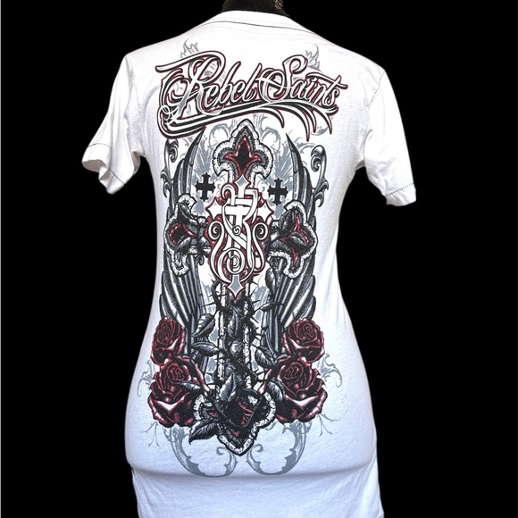 NWOT Rebel Saints Women's Small White Floral Cross With Angel Wings Tee - Picture 9 of 11